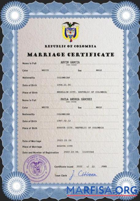 Downloadable Colombia marriage certificate psd template